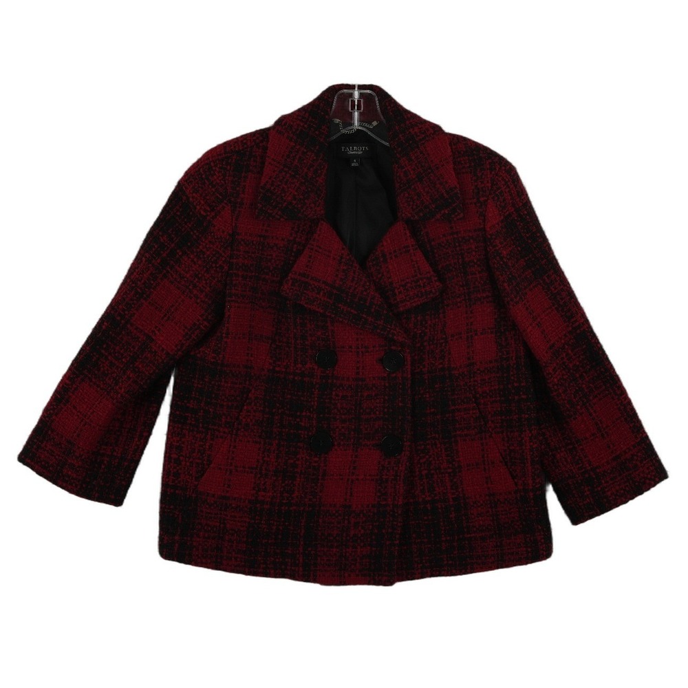 Talbots Plaid Pea Coat Women's Size 4 Red Black Wool Blend Double Breasted